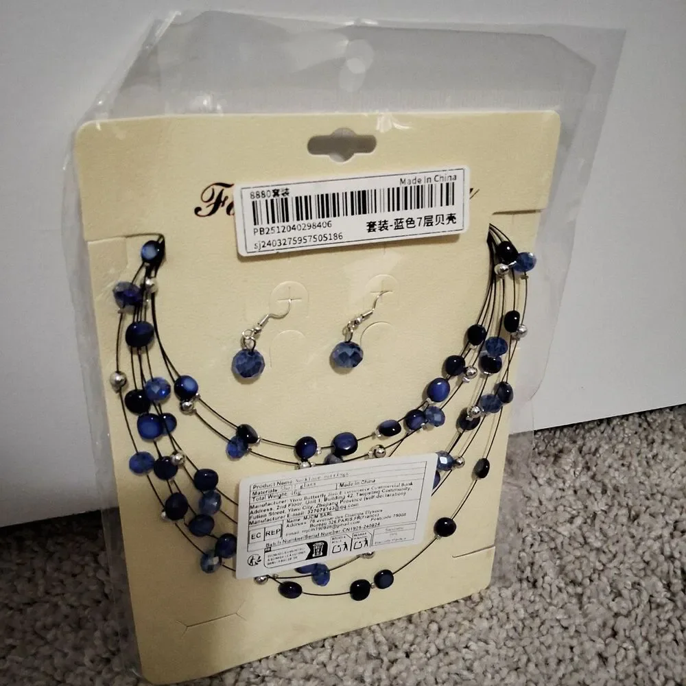 Shein Women's Multilayer Crystal Necklace & Earrings Set Blue & Silver New w/Tag